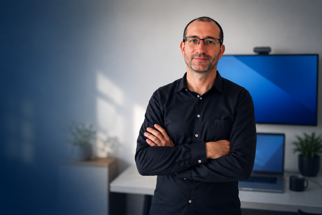 Florent Roth, dépanneur informatique MyITServices, bras croisés devant ses écrans dans son bureau dans l'Oise