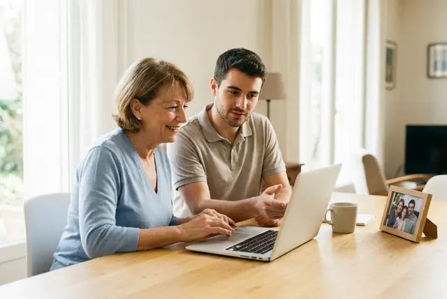 Technicien informatique pour PME et particuliers MyITServices aidant une particulière à utiliser son ordinateur à domicile