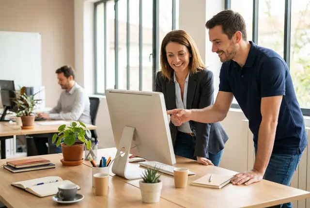 Technicien informatique pour PME et particuliers MyITServices assistant la dirigeante d'une TPE dans son bureau